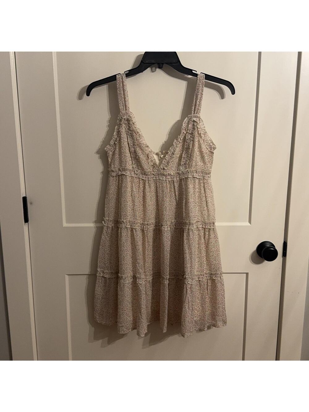 STORIA Dress Sz S White Pink Floral Chiffon Ruffle Tiered Sundress Ditsy Boho